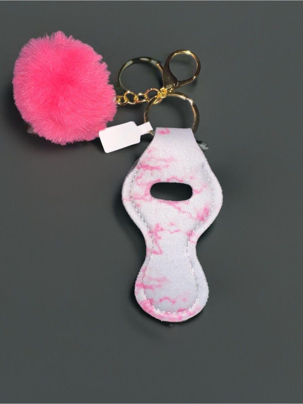 Pink Pom Pom Lip Balm Holder Keychain